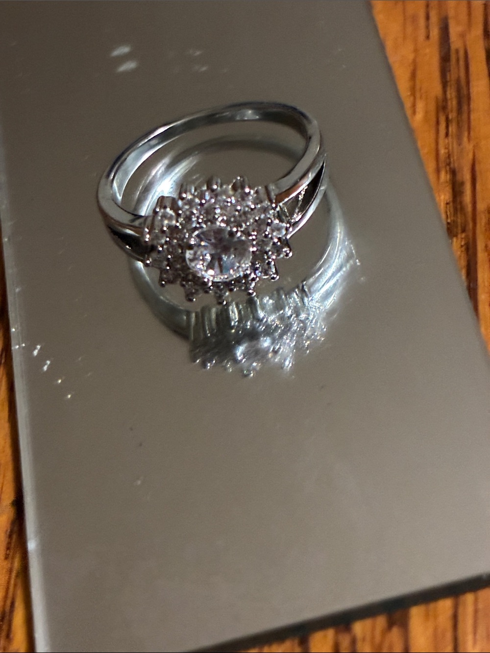 Silver-Tone Halo Ring with Clear Center Stone
